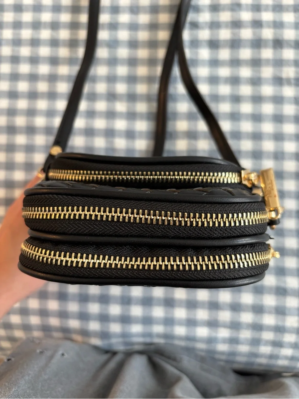 Black Woven Crossbody Bag with Gold Hardware